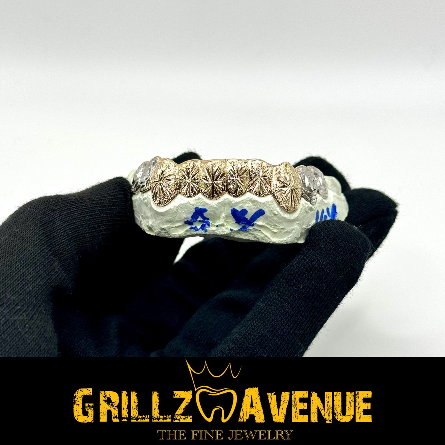 Custom Grillz Starburst Cuts and Diamond Dust Two Tones 10k Gold