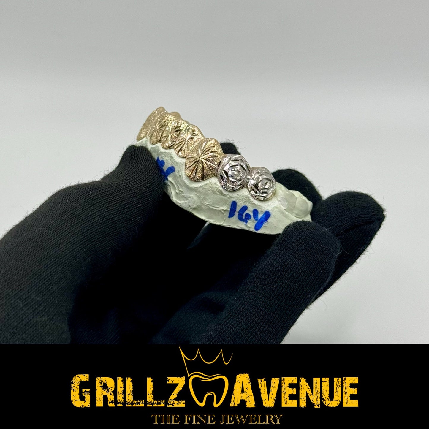 Custom Grillz Starburst Cuts and Diamond Dust Two Tones 10k Gold