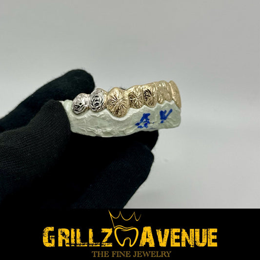 Custom Grillz Starburst Cuts and Diamond Dust Two Tones 10k Gold